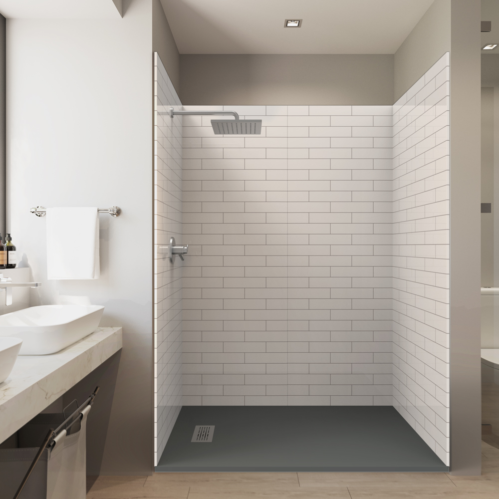 subway pattern shower kit with graphite sand shower base
