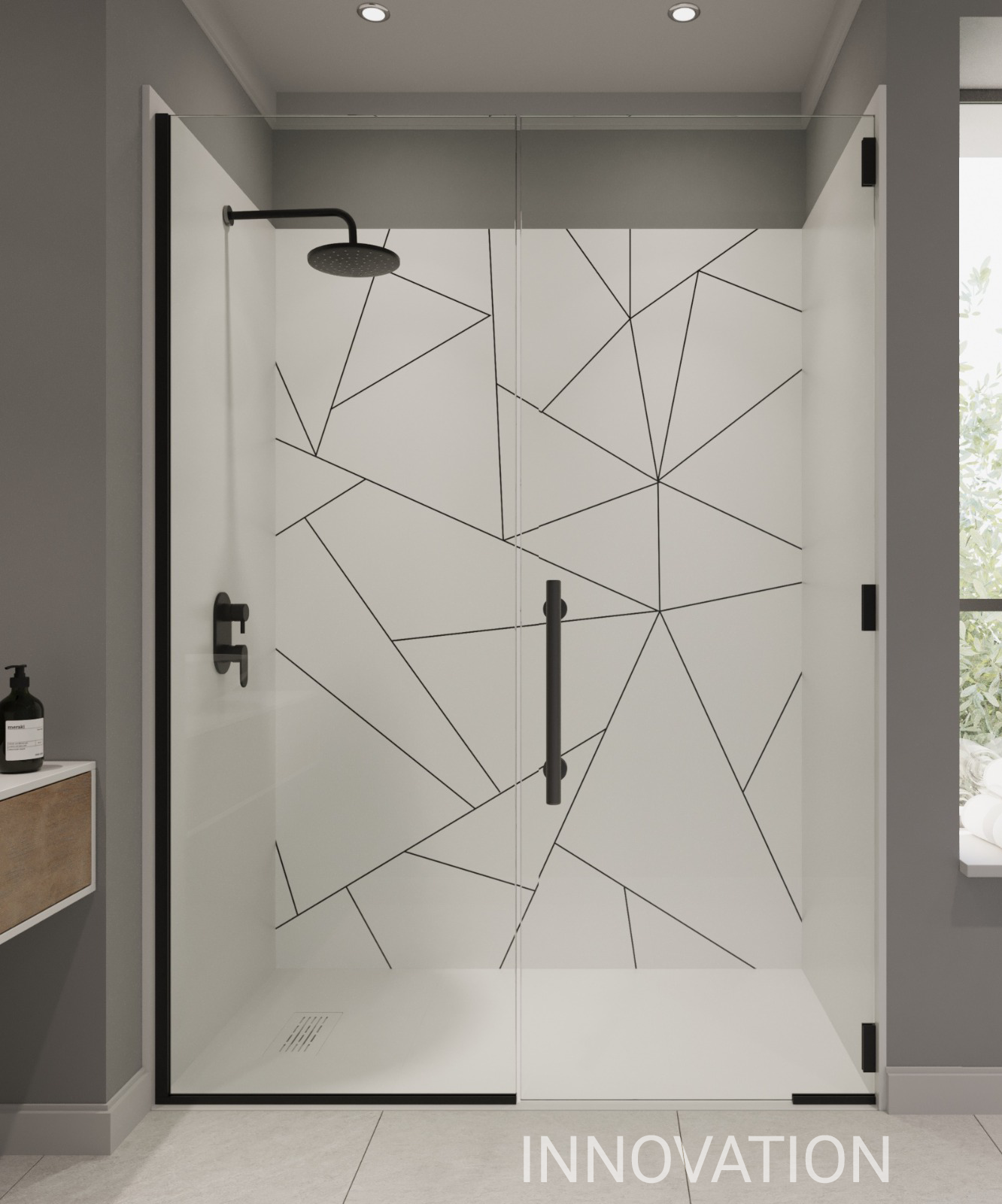 Alcove shower kit with abstract design in modern bathroom