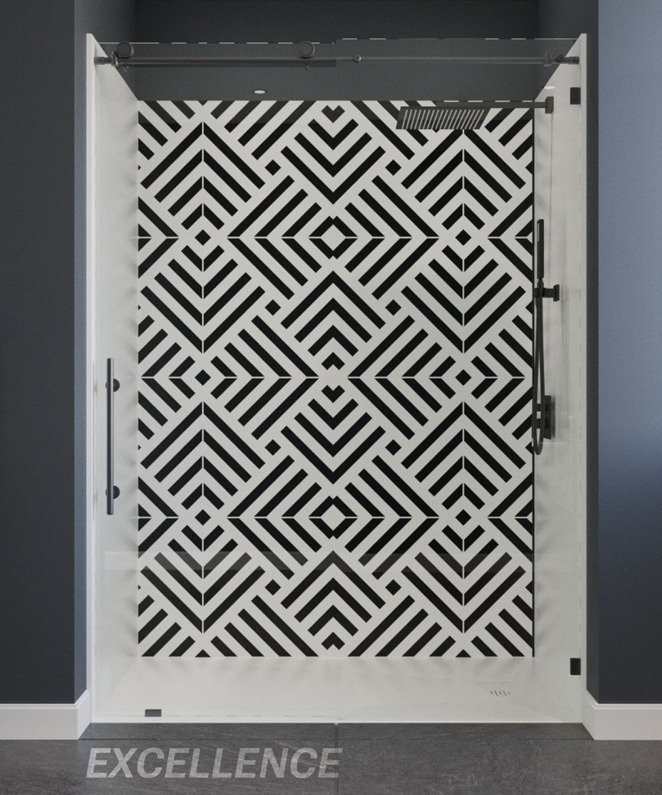 Alcove Shower kit with geometric pattern